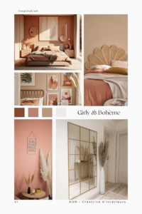 Chambre bohème terracotta rose girly rotin pampa