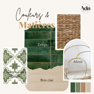 Planche matériaux vert zellige bois miroir