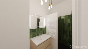 Salle de bain vert zellige blanc matières naturelles bois