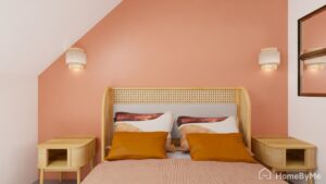 Chambre bohème girly rose terracotta pampa rotin