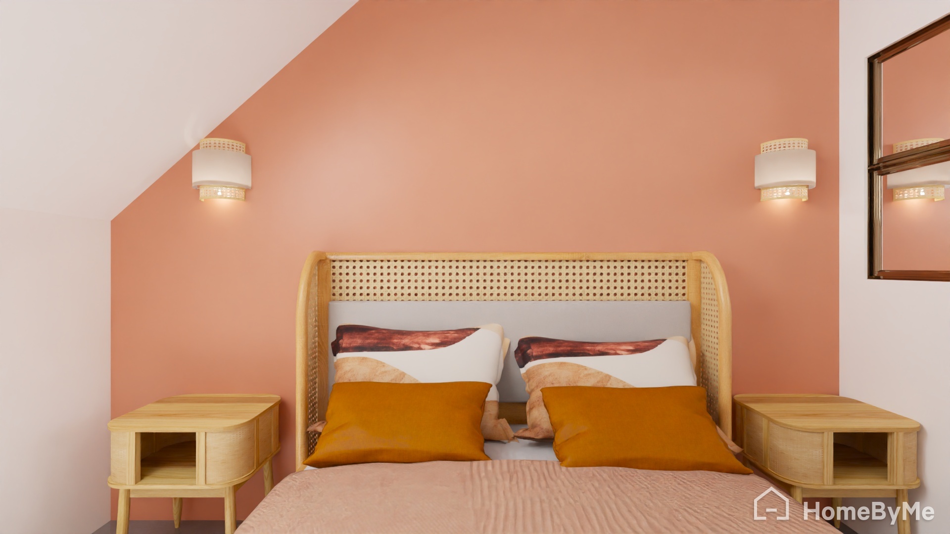 Chambre bohème girly rose terracotta pampa rotin