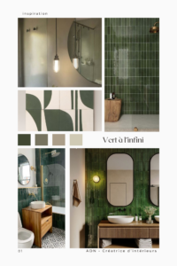 Salle de bain vert zellige blanc matières naturelles bois